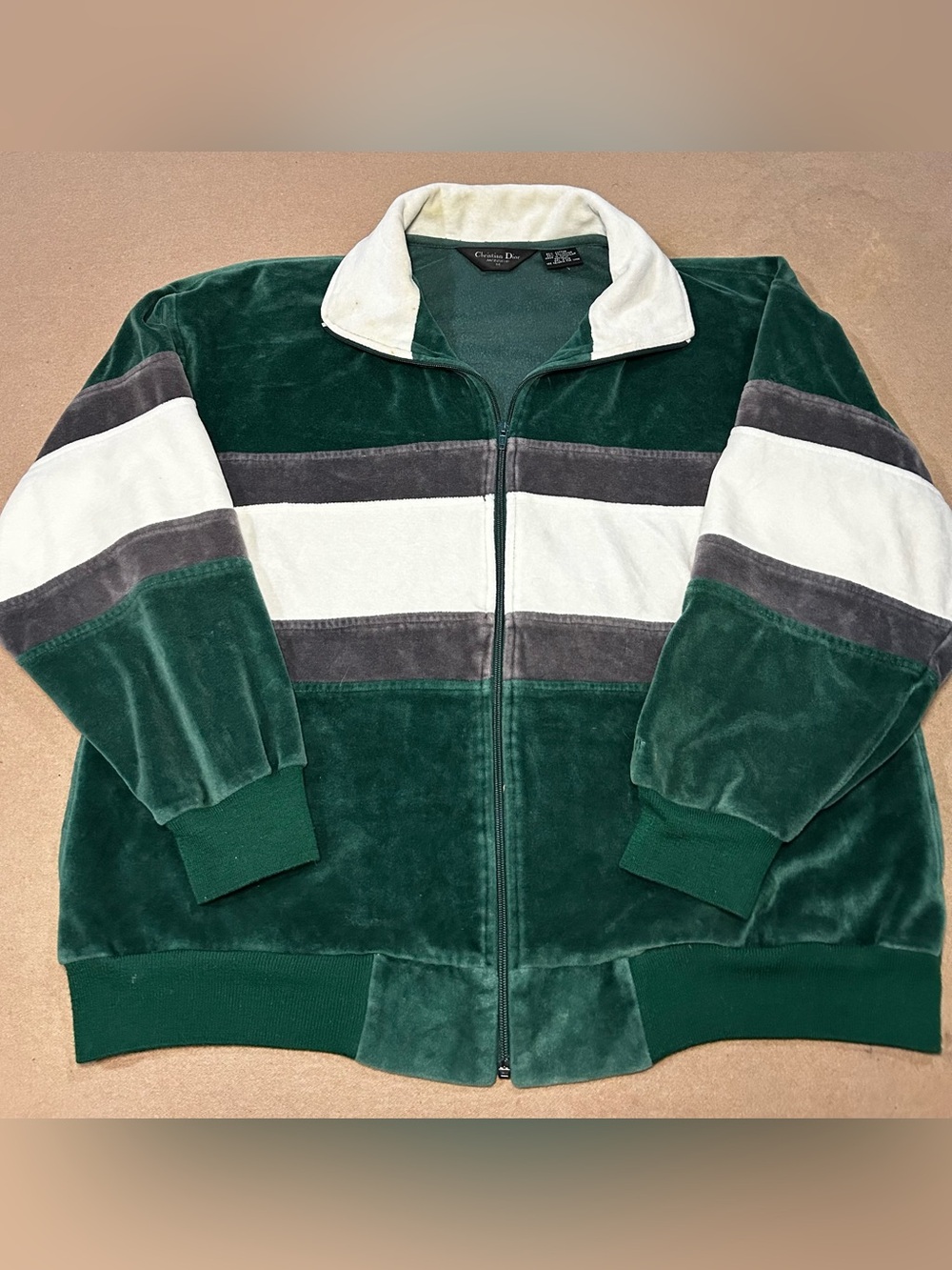 Vintage Christian Dior Monsieur Velour Track Jacket M Green Gray White 80s 90s